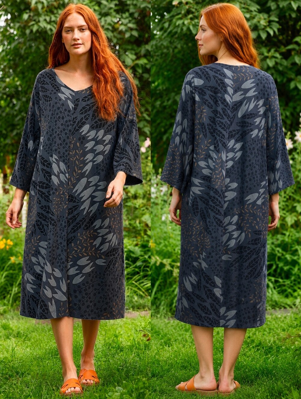 GUDRUN SJODEN Gray Seaweed Printed 3/4 Sleeve Organic Midi Dress